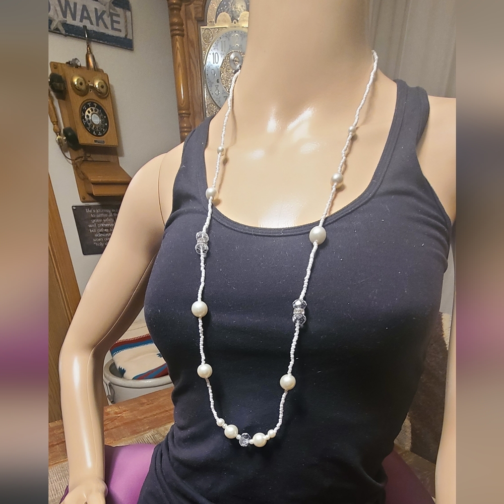 VINTAGE SWEATER LENGTH 25" WHITE BEADED NECKLACE!